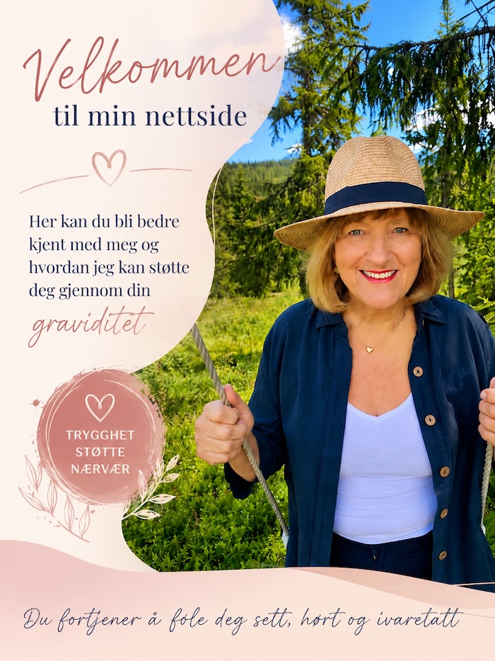 Berit Susrud, holistisk jordmor på nett, smiler varmt mens hun sitter på en huske ute i naturen og tilbyr trygg støtte for gravide.