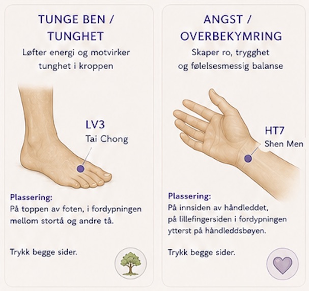 Illustrasjon som viser akupressurpunktene LV3 på foten og HT7 på håndleddet, brukt innen kinesisk medisin svangerskap og fødselsforberedelse akupressur.