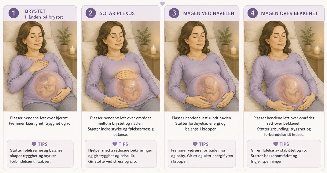 Illustrasjon i fire trinn som viser Reiki for gravide, der en gravid kvinne plasserer hendene på ulike energipunkter for å finne ro.