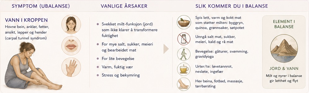 Infografikk om vann i kroppen under graviditet, med illustrasjon av en gravid kvinne som bruker Gua Sha for hovne ben.